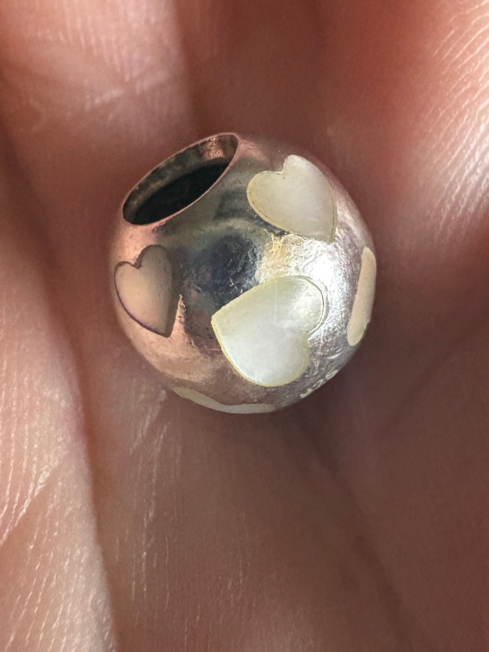*Retired* Pandora 925 Sterling Silver Love Me Mother of Pearl Hearts Charm